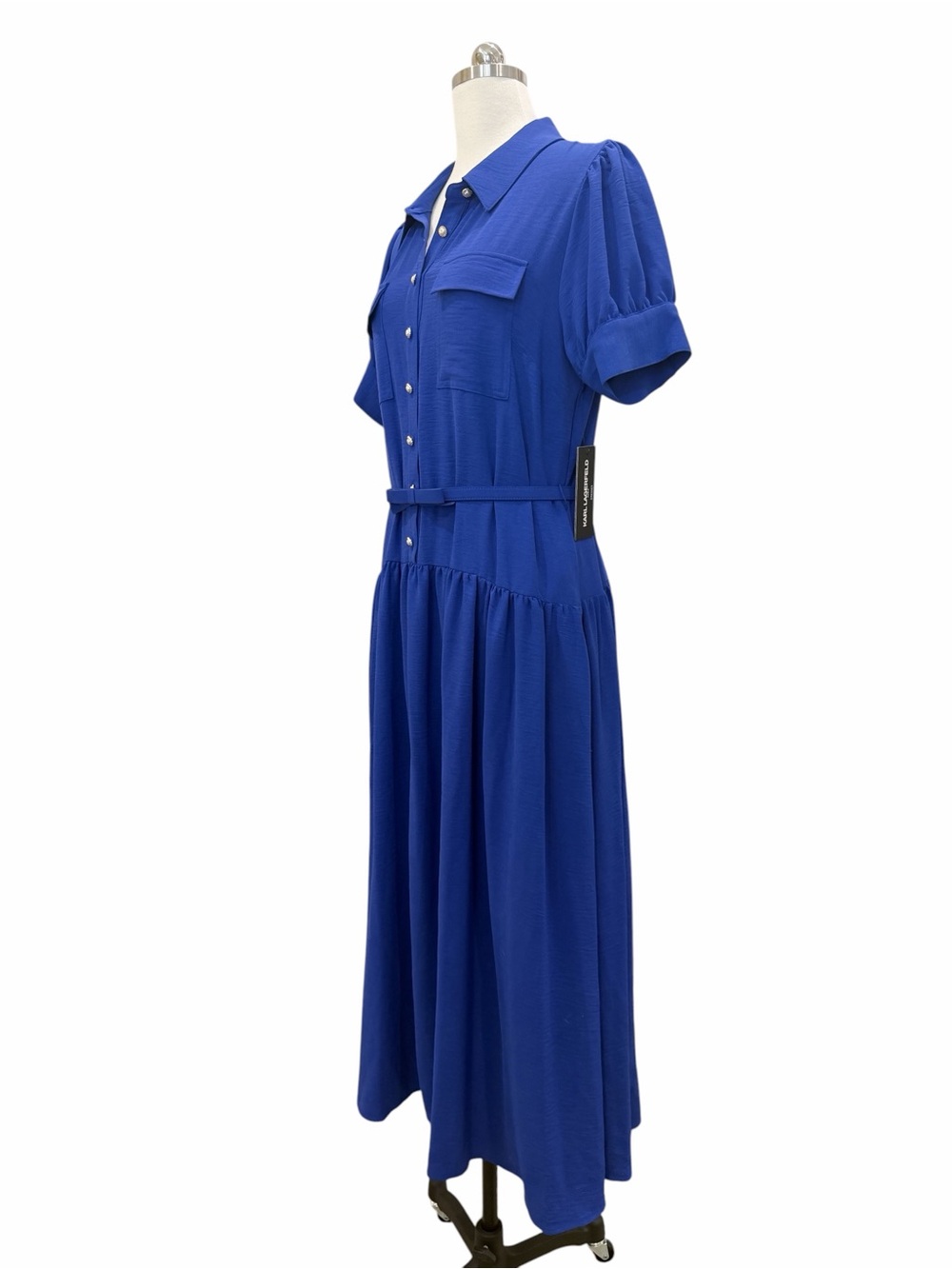 Karl Lagerfeld Belted Midi Shirt Dress Puff Sleeve Pockets Pearl Blue 12 NWT - Picture 7 of 15